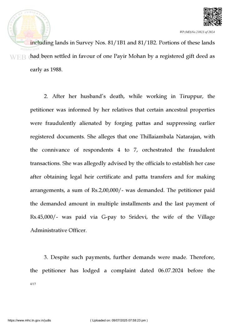 போலி பத்திரம் பதிவு செய்ய மின்னல் வேகத்தில் பட்டா வழங்கிய வருவாய் அலுவலர்கள் மீது ஊழல் தடுப்பு மற்றும் கண்காணிப்பு துறை (விஜிலென்ஸ் - DVAC) FIR பதிவு செய்து கைது செய்ய மதுரை ஐகோர்ட் உத்தரவு.