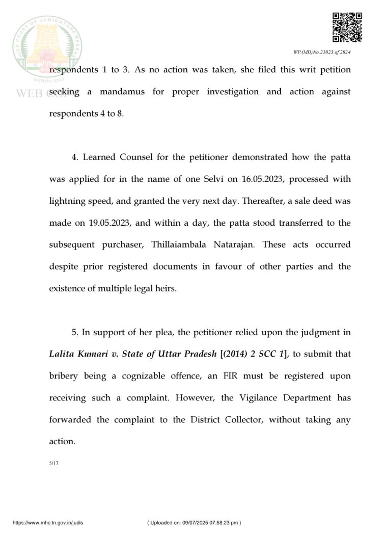 போலி பத்திரம் பதிவு செய்ய மின்னல் வேகத்தில் பட்டா வழங்கிய வருவாய் அலுவலர்கள் மீது ஊழல் தடுப்பு மற்றும் கண்காணிப்பு துறை (விஜிலென்ஸ் - DVAC) FIR பதிவு செய்து கைது செய்ய மதுரை ஐகோர்ட் உத்தரவு.
