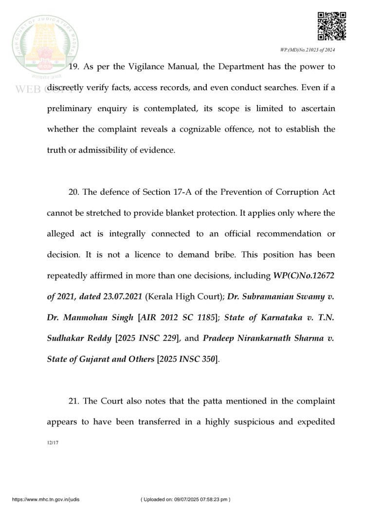 போலி பத்திரம் பதிவு செய்ய மின்னல் வேகத்தில் பட்டா வழங்கிய வருவாய் அலுவலர்கள் மீது ஊழல் தடுப்பு மற்றும் கண்காணிப்பு துறை (விஜிலென்ஸ் - DVAC) FIR பதிவு செய்து கைது செய்ய மதுரை ஐகோர்ட் உத்தரவு.