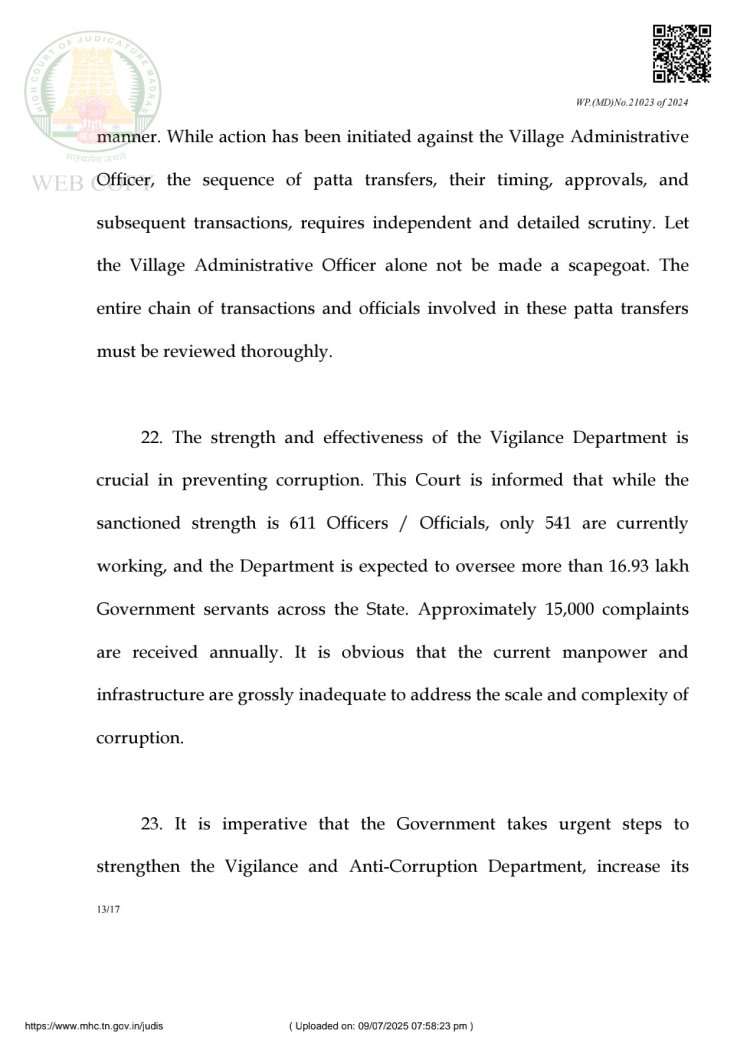 போலி பத்திரம் பதிவு செய்ய மின்னல் வேகத்தில் பட்டா வழங்கிய வருவாய் அலுவலர்கள் மீது ஊழல் தடுப்பு மற்றும் கண்காணிப்பு துறை (விஜிலென்ஸ் - DVAC) FIR பதிவு செய்து கைது செய்ய மதுரை ஐகோர்ட் உத்தரவு.