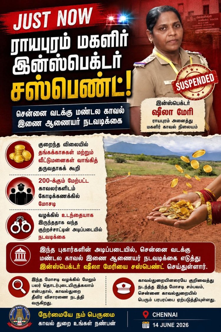 சென்னை ராயபுரம் அனைத்து மகளிர் காவல் நிலைய ஆய்வாளர் ஷீலா மேரி பணியிடை நீக்கம் (Suspension) செய்யப்பட்டுள்ளார்.